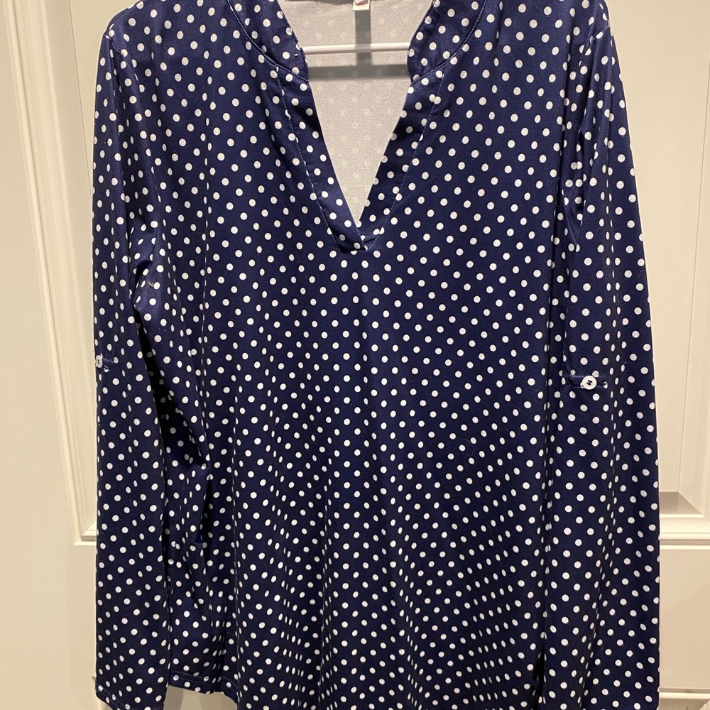 Blue and White Long Sleeve Notched Collar Blouse